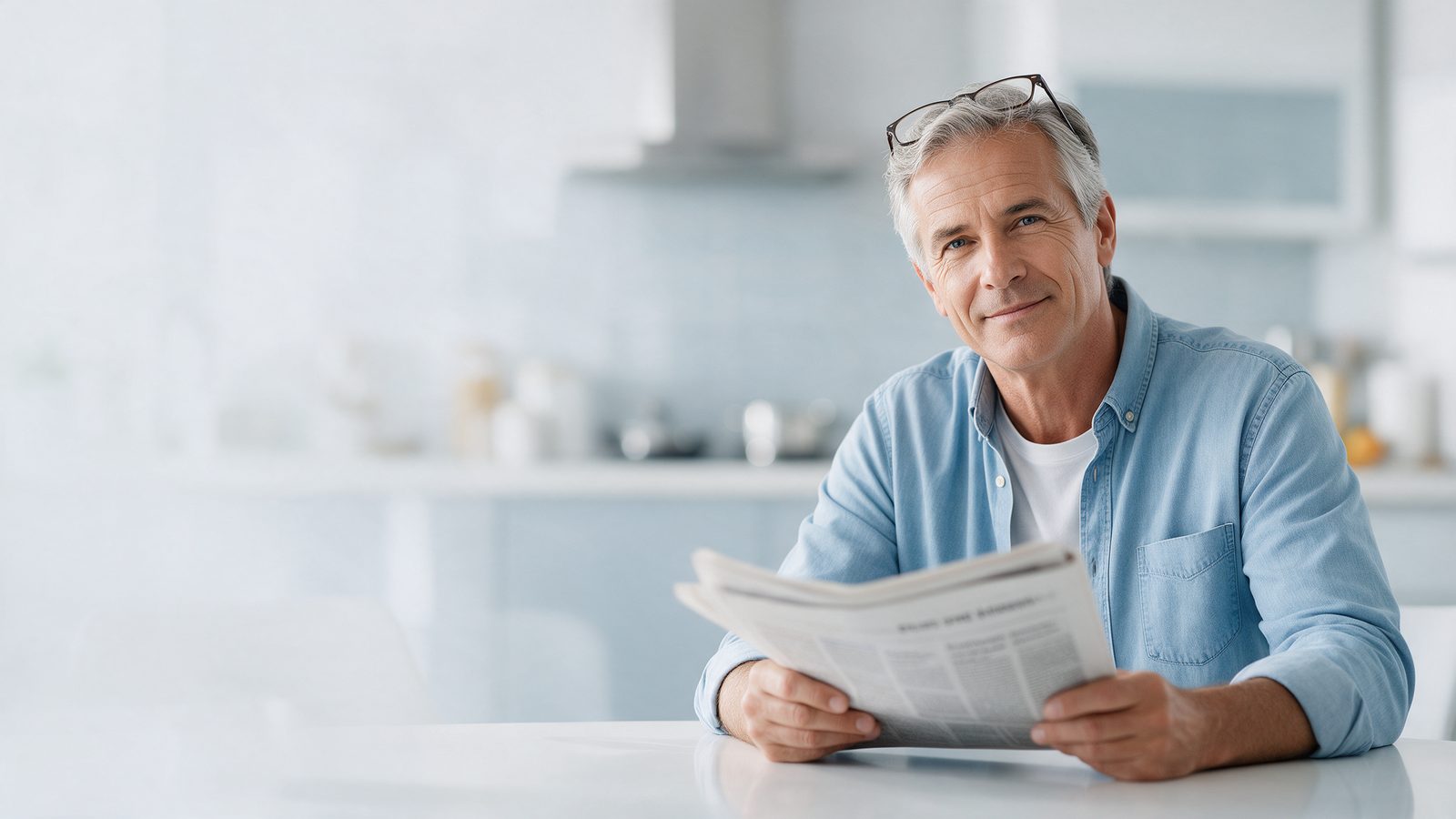 Ein Mann um die 60 sitzt entspannt mit Zeitung am Küchentisch